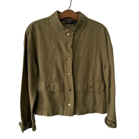Nicole Miller Jacket Womens S Linen Snap Cropped Relaxed Military Army Utility - Picture 1 of 8